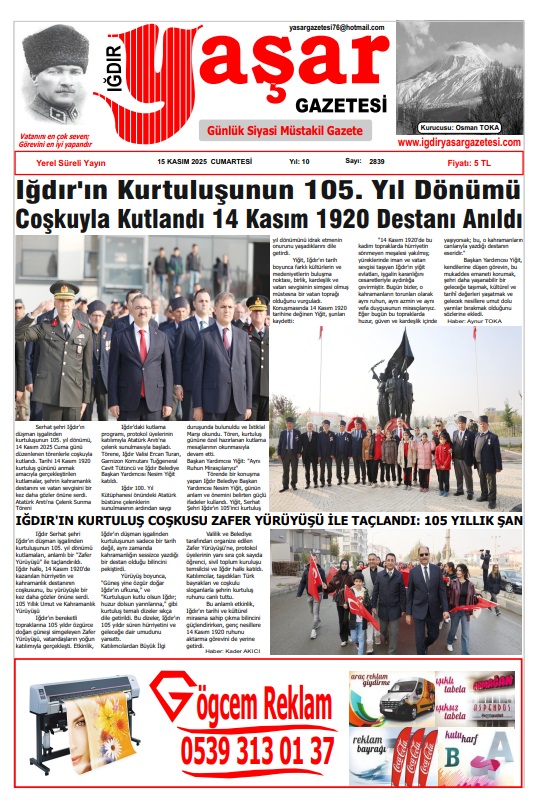 Iğdır Gazeteleri Iğdır Yaşar Gazetesi 15.11.2025