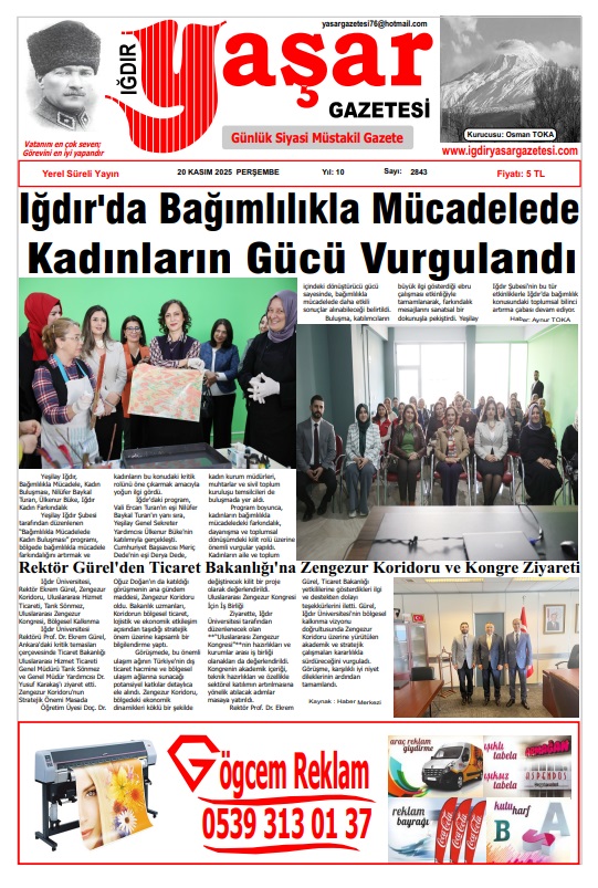 Iğdır Gazeteleri Iğdır Yaşar Gazetesi 20.11.2025
