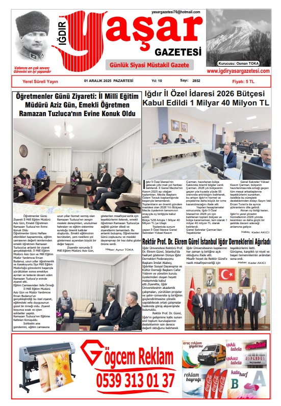 Iğdır Gazeteleri Iğdır Yaşar Gazetesi 01.12.2025