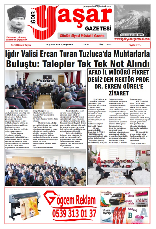 Iğdır Gazeteleri Iğdır Yaşar Gazetesi 18.02.2026