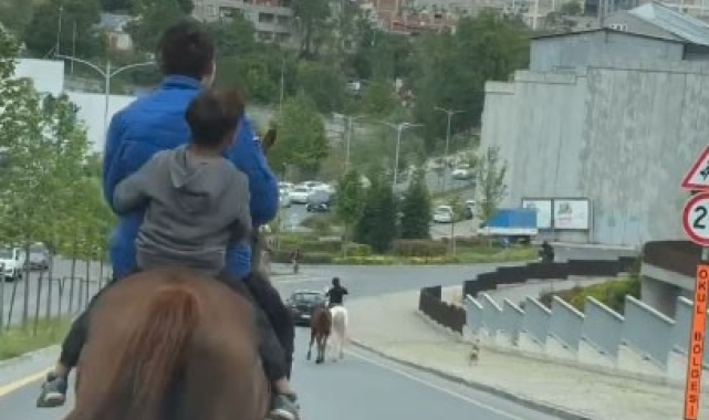 Başakşehir&#039;de trafiğe açık cadde de ilginç görüntü, grup halinde atlarla dolaştılar