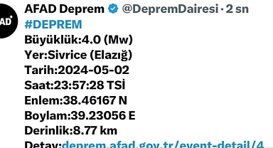 Elazığ’da 4.0 büyüklüğünde deprem meydana geldi