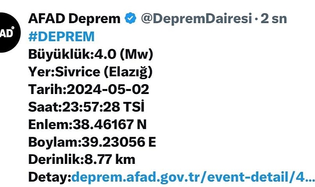 Elazığ’da 4.0 büyüklüğünde deprem meydana geldi