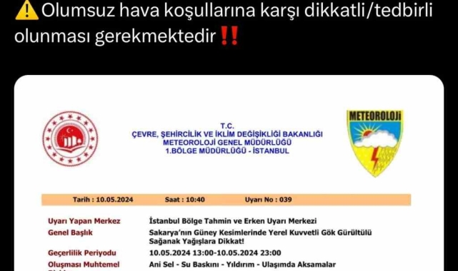 Valilikten kuvvetli yağış uyarısı