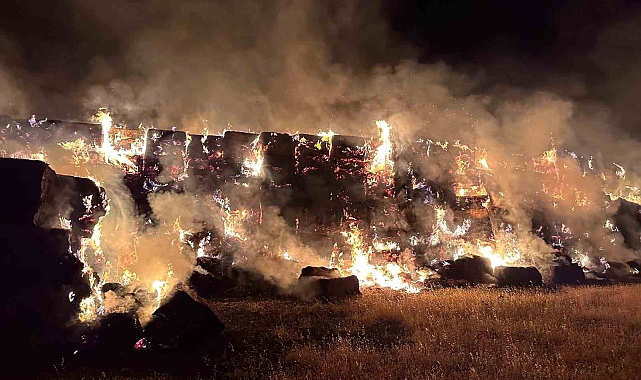 Yüzlerce ton saman balyası yanarak küle döndü