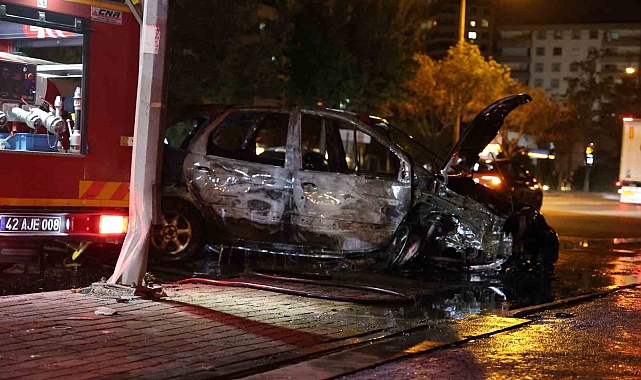 Elektrik direğine çarpan otomobil alev topuna döndü