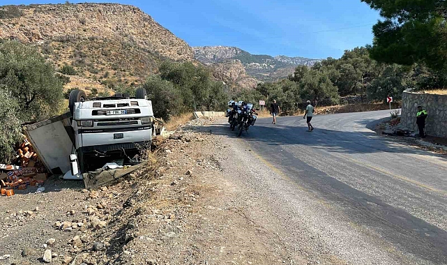 Freni boşalan tır yoldan çıkararak ters döndü