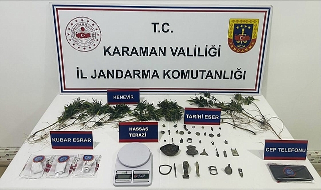 Karaman&#039;da jandarmadan tarihi eser ve uyuşturucu operasyonu