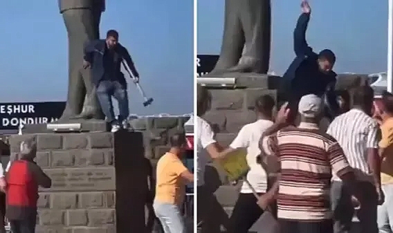 Atatürk heykeline balyozla saldırdı