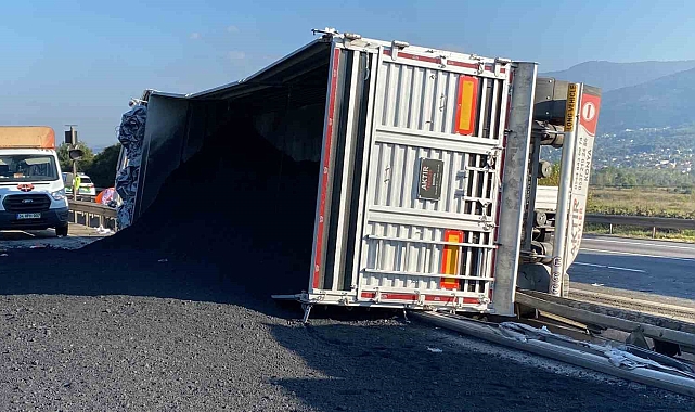 Petrokok yüklü tır devrildi