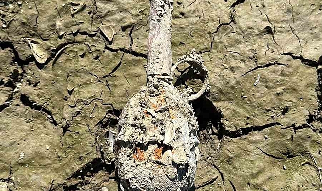 Suların çekildiği Seyhan Baraj Gölü&#039;nde el bombası bulundu