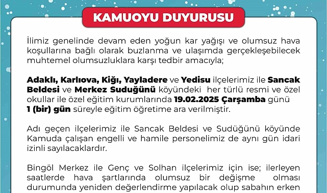 Bingöl&#039;de Yoğun Kar Yağışı Nedeniyle Okullar Tatil Edildi