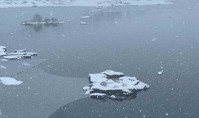 Buz tutan Çat Barajı&#039;ndaki yüzen adalar beyaza büründü