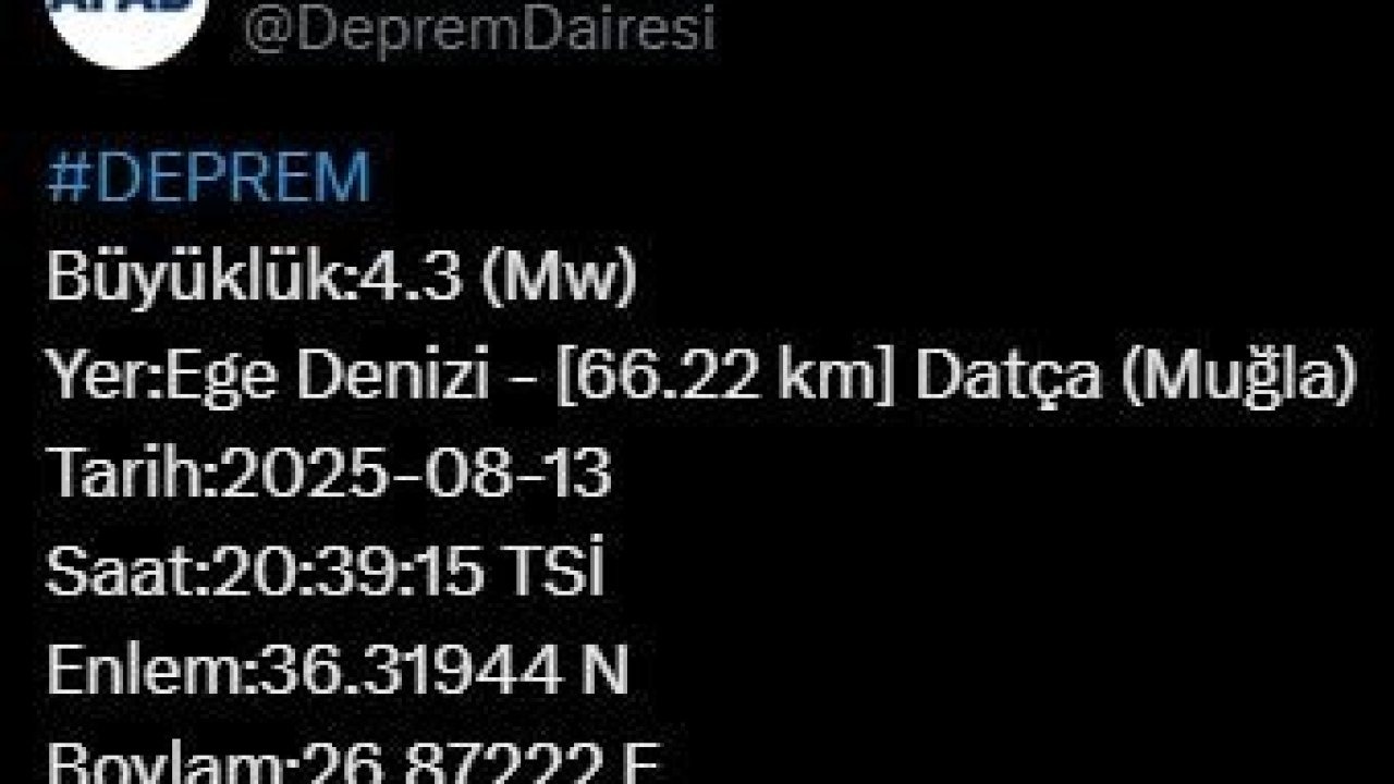 Muğla Açıklarında 4.3 Büyüklüğünde Deprem