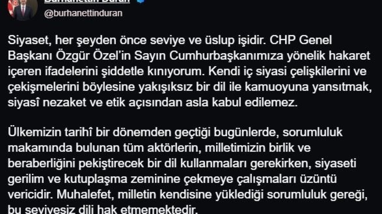 İletişim Başkanı Duran&#039;dan Özgür Özel&#039;e Sert Tepki