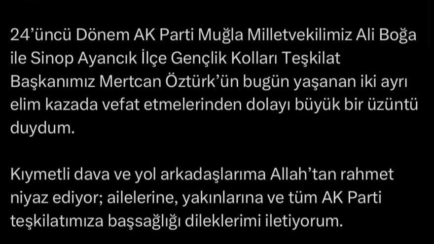 Recep Tayyip Erdoğan&#039;dan Vefat Eden AK Partililer İçin Taziye Mesajı