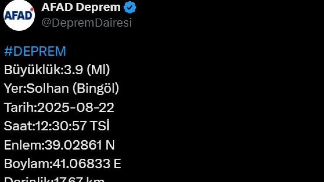 Bingöl’ün Solhan İlçesinde 3.9 Büyüklüğünde Deprem