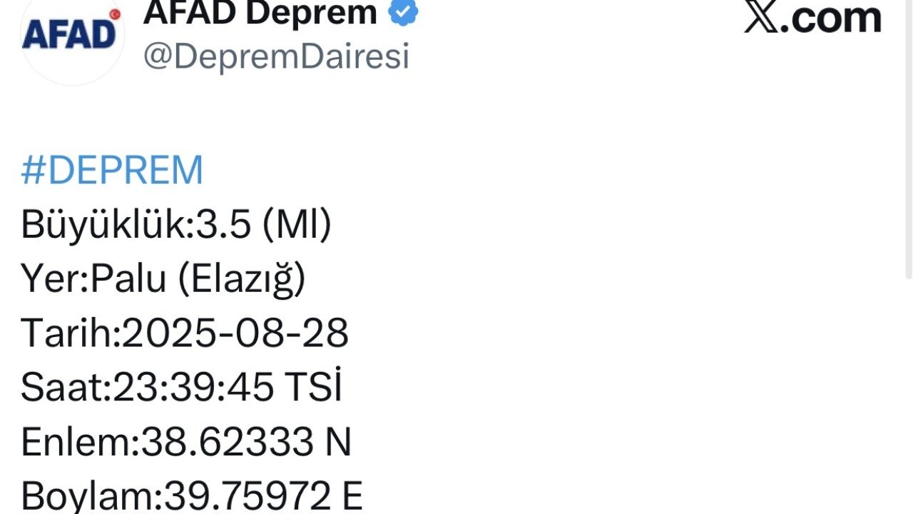 Elazığ Palu&#039;da 3.5 Büyüklüğünde Deprem