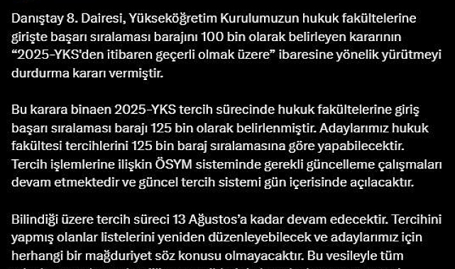 Hukuk Fakültelerine Giriş Barajı Yükseldi: Yeni Sıralama 125 Bin Oldu