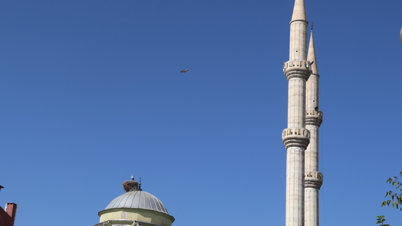 Hacı Hacer Camii&#039;nin Kubbesindeki Leylek Objektiflere Takıldı