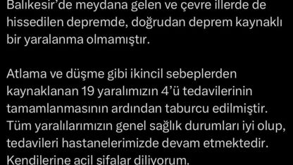 Sağlık Bakanı Memişoğlu: Balıkesir Depreminde Doğrudan Yaralanma Yok, 15 Kişinin Tedavisi Sürüyor