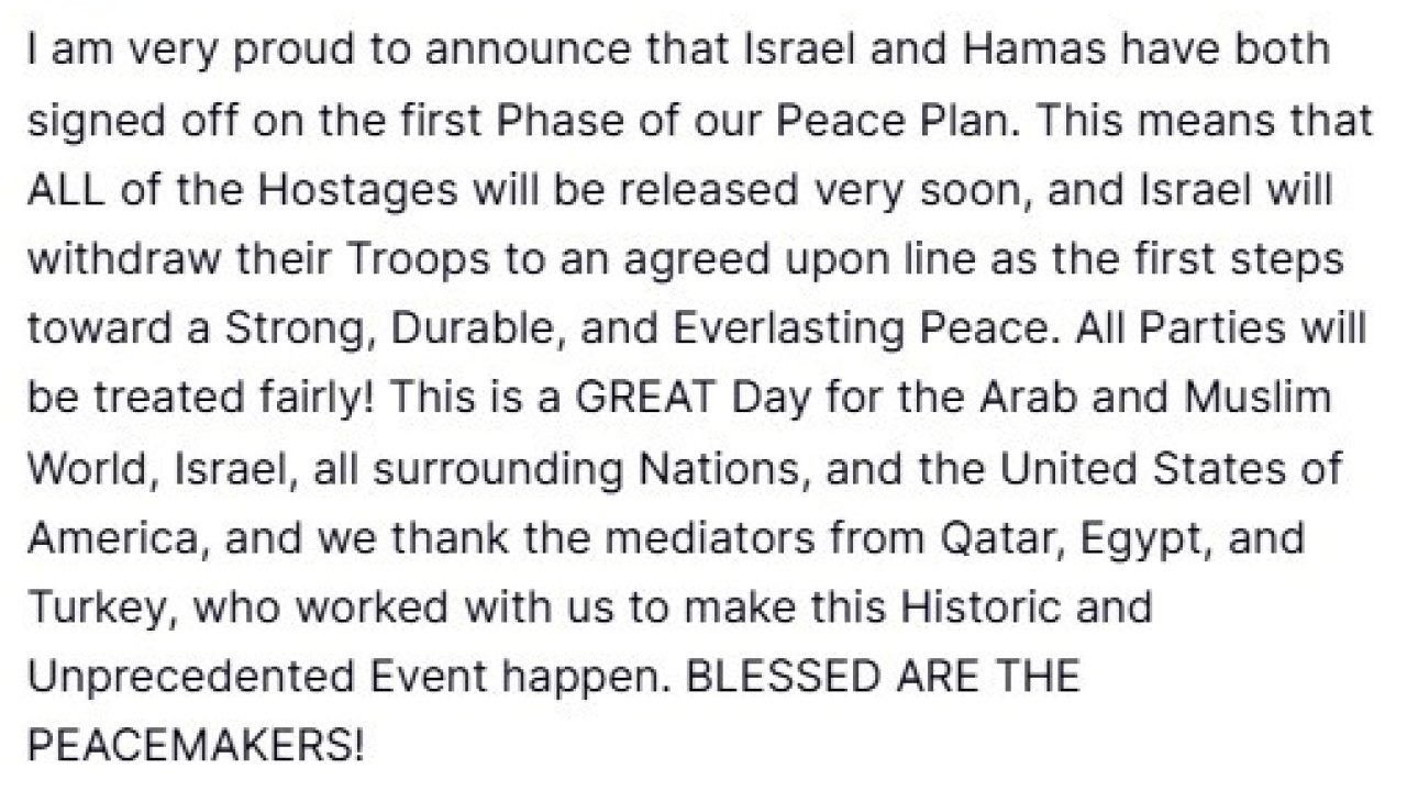 Gazze Barış Planı&#039;nda Tarihi Gelişme: Trump, İlk Aşamanın İsrail ve Hamas Tarafından Onaylandığını Duyurdu!
