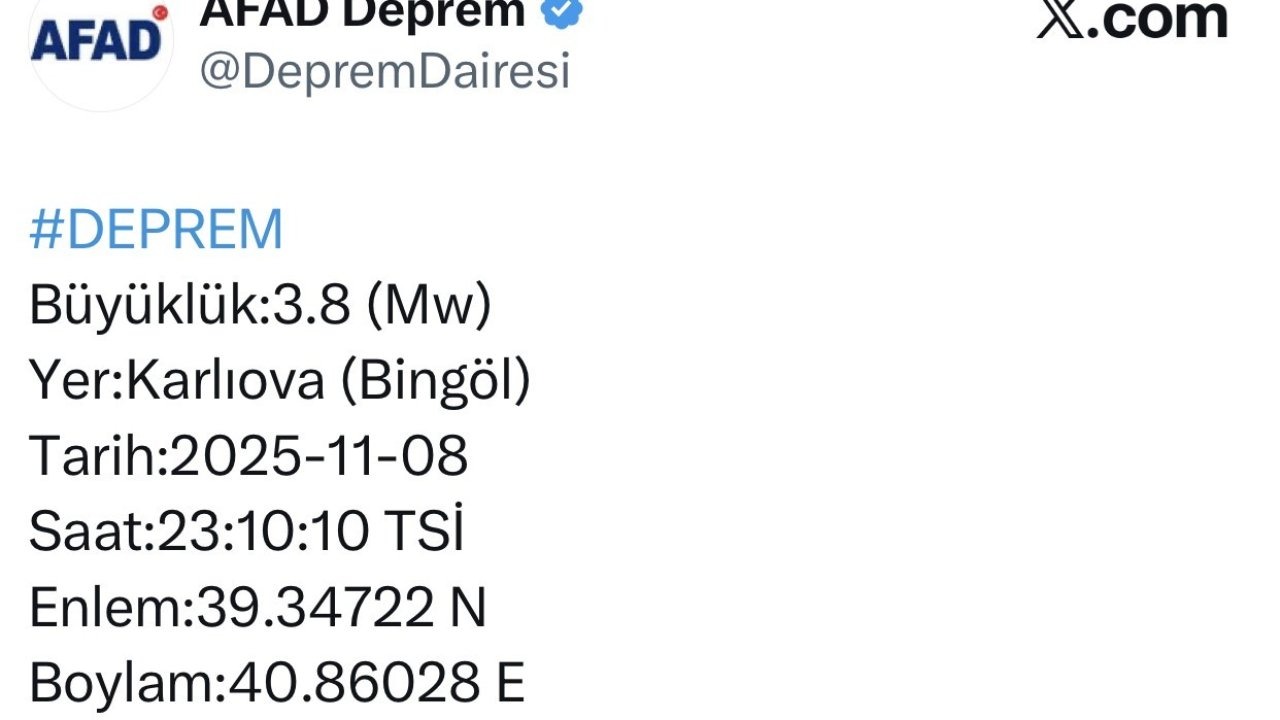 Bingöl Karlıova’da 3.8 Büyüklüğünde Deprem