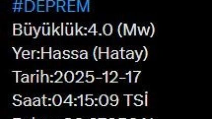 Hatay’da 4.0 büyüklüğünde deprem