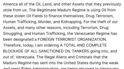 Trump’tan Venezuela’ya Tam Abluka Emri: "Yabancı Terör Örgütü" İlan Edildi!