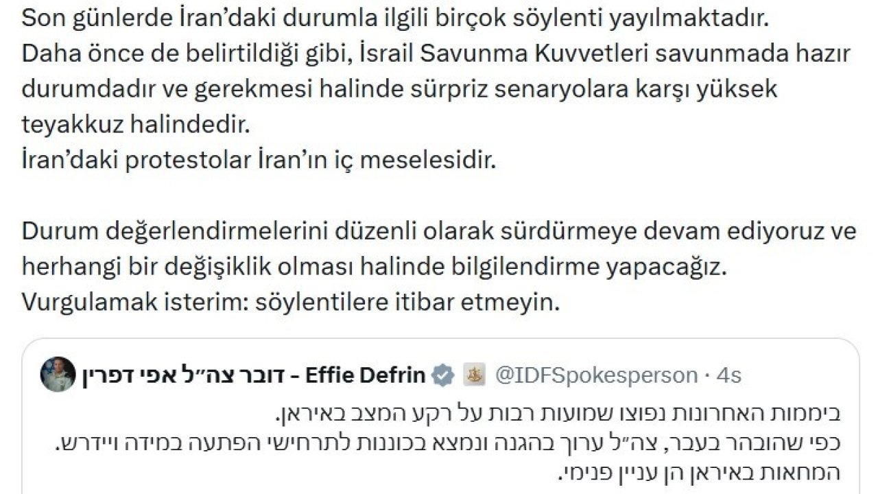 İsrail ordusundan İran açıklaması: "Sürpriz senaryolara karşı yüksek teyakkuz halindeyiz"