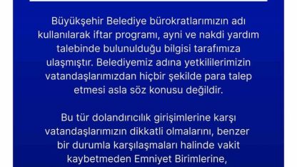 Erzurum Büyükşehir Belediyesi’nden Vatandaşlara Sahte Yardım Talebi Uyarısı
