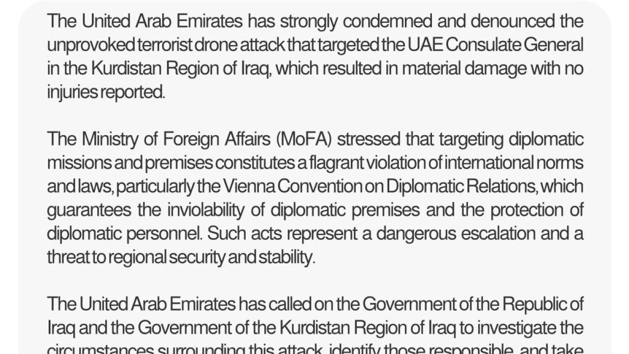 BAE’nin Irak Kürdistan Bölgesel Yönetimi’ndeki Başkonsolosluğuna İHA Saldırısı