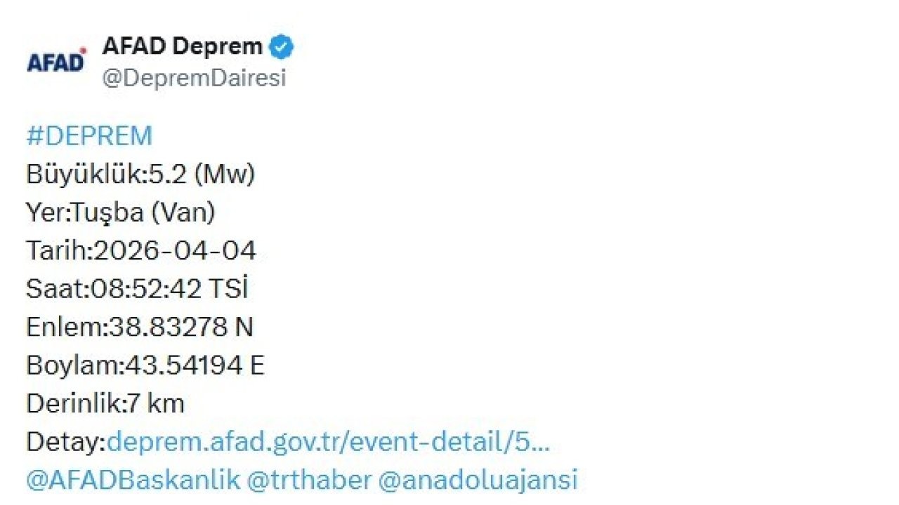 Van Tuşba Merkezli 5.2 Büyüklüğünde Deprem