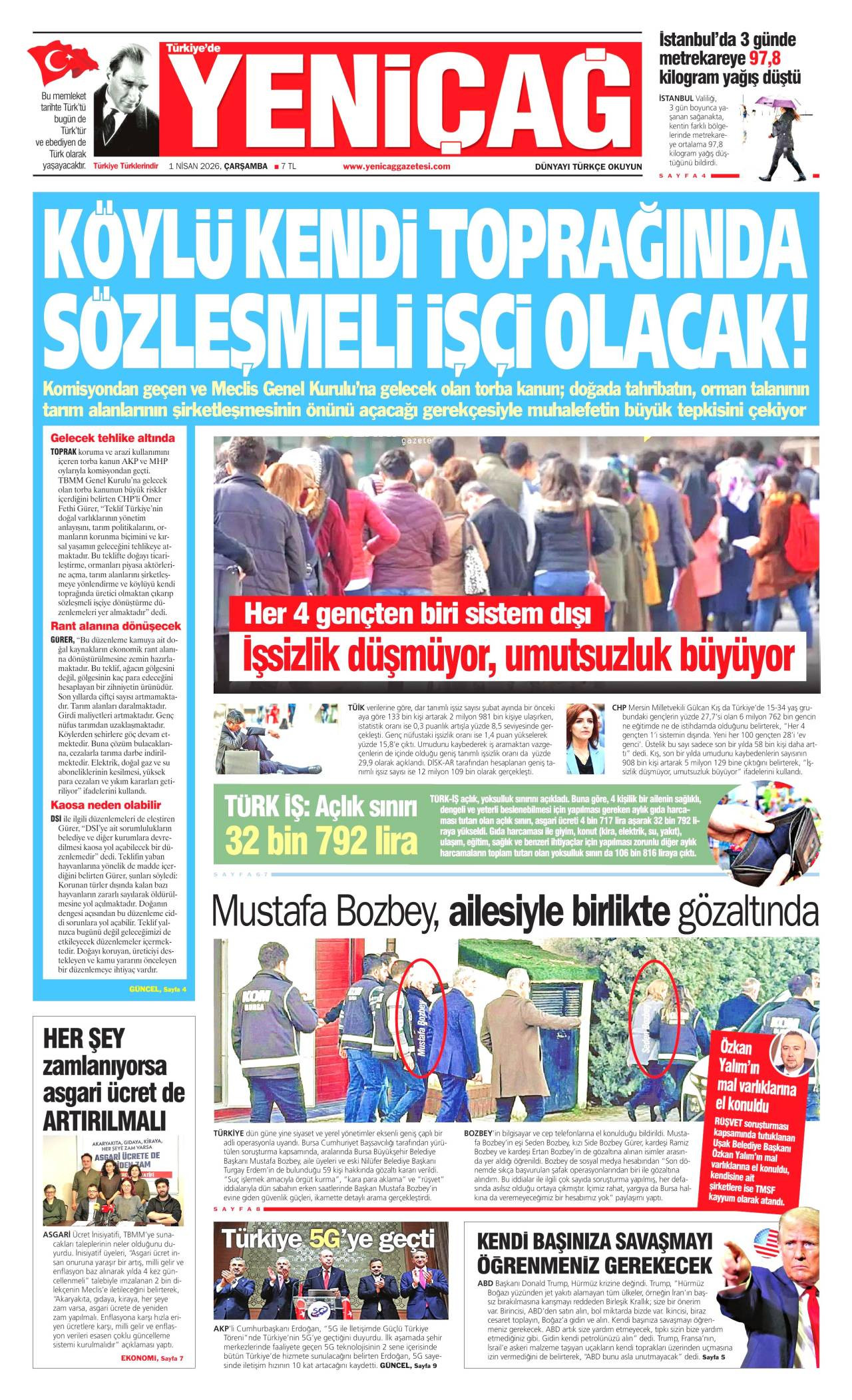 Yeniçağ Gazetesi Gazete Manşeti